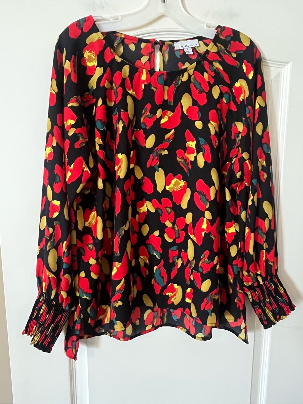 Allison Joy Black Blouse with Red & Yellow Floral Print Women’s size large